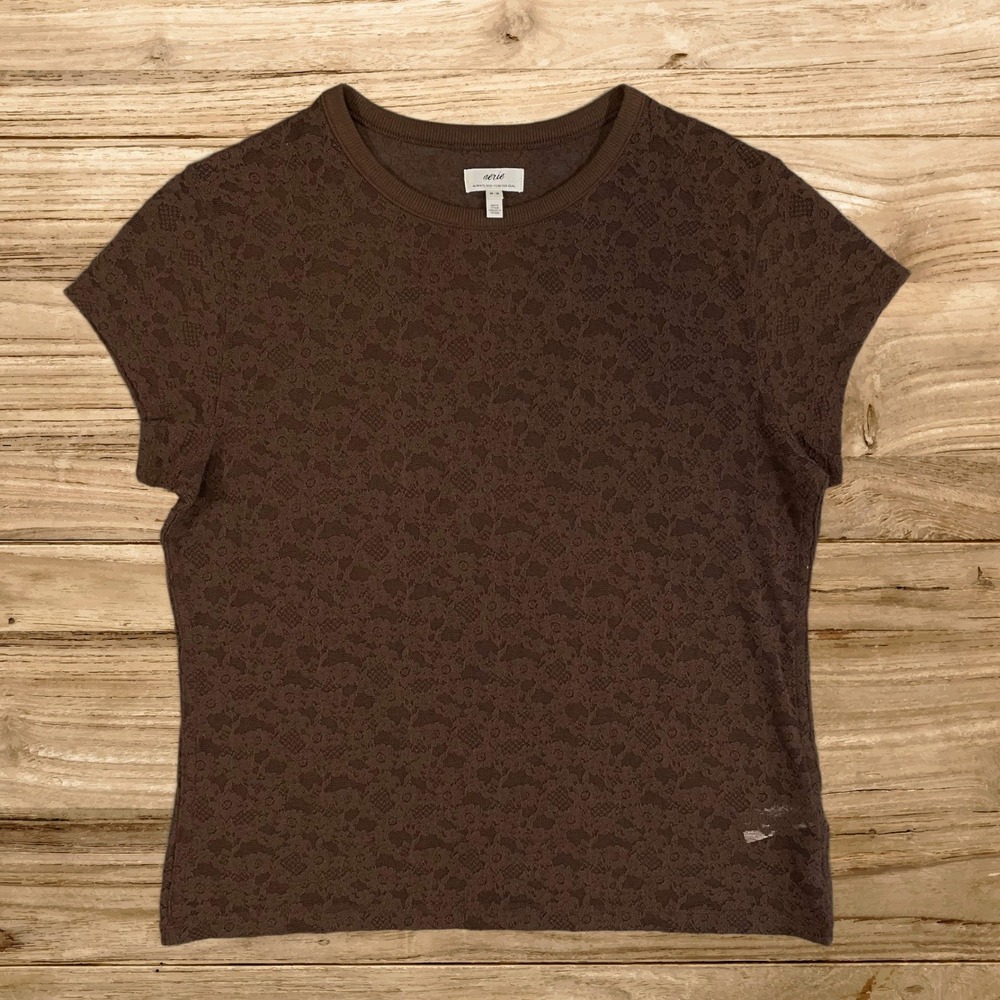 Aerie Womens Brown Floral Lace Mesh Short Sleeve Crew Neck Top Size M